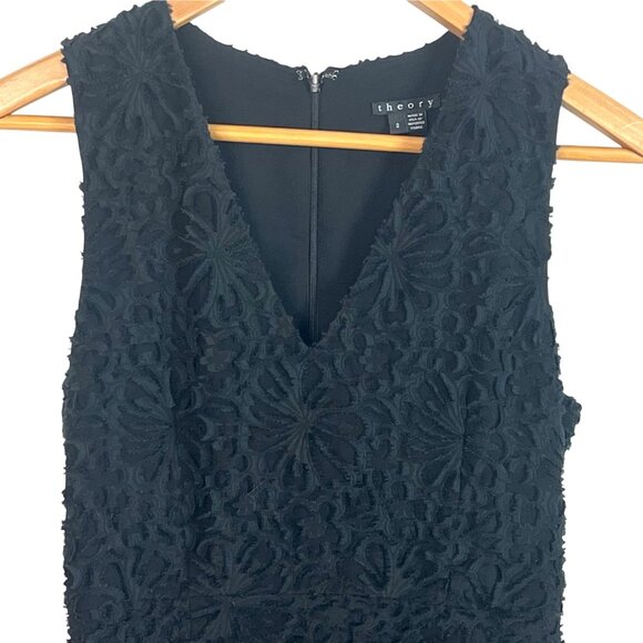 Theory Miriam Deep V-Neck Black Sleeveless Dress 2 LBD Textured Floral Shift - Picture 3 of 9